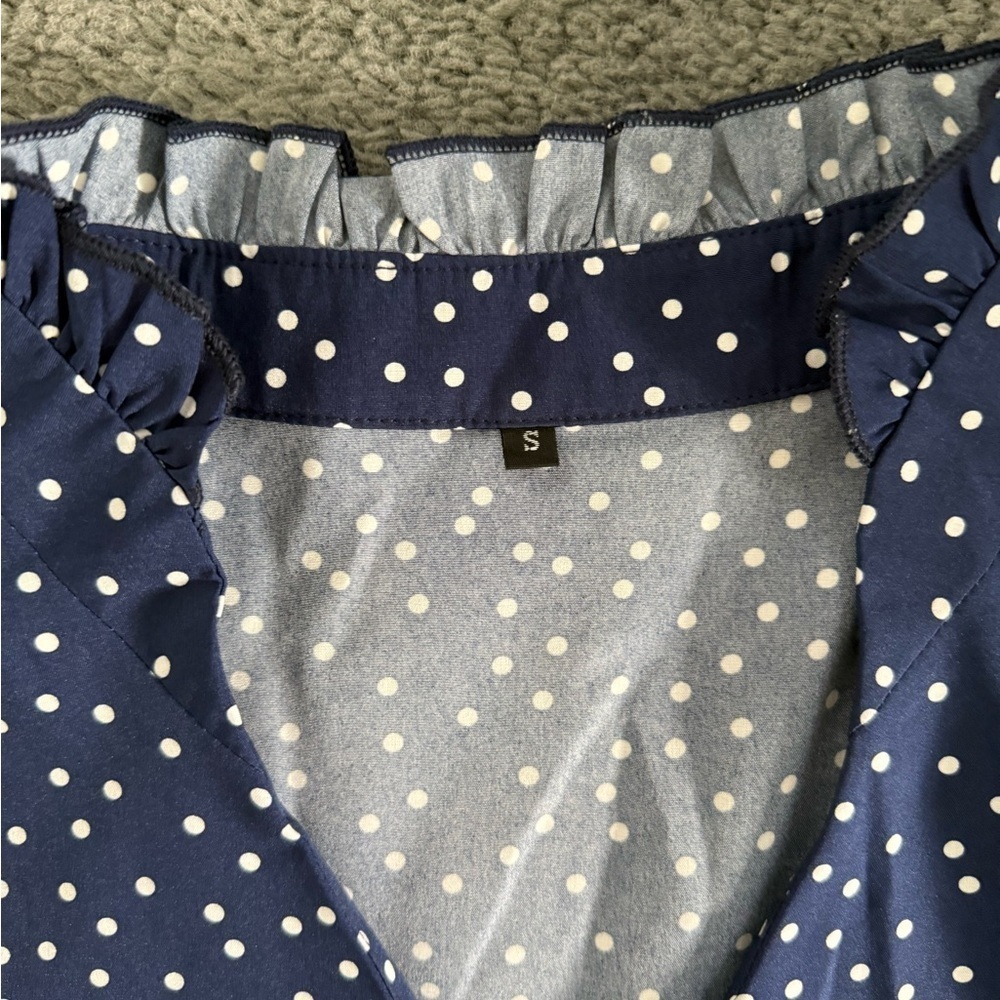 SHEIN Navy/White Polka Dot Print Flounce Sleeve Ruffle Hem Smock Dress - Picture 13 of 13